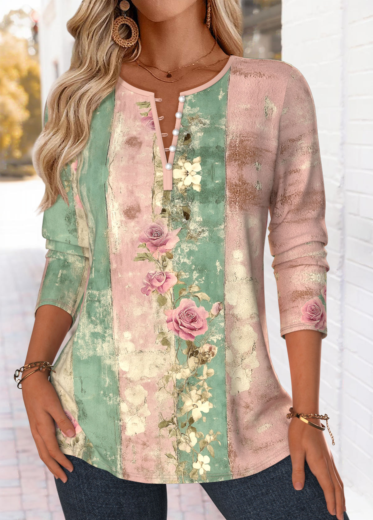 Multi Color Button Random Floral Print Long Sleeve Blouse | picture 