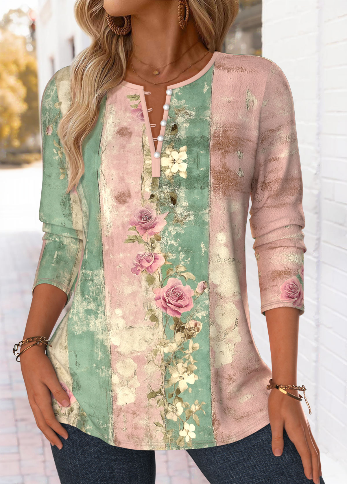 Multi Color Button Random Floral Print Long Sleeve Blouse | picture 