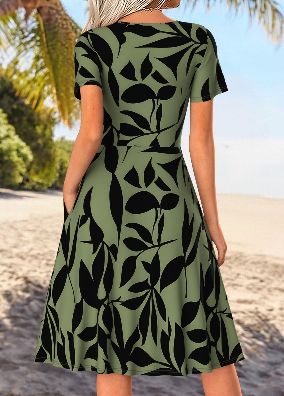 Sage Green Tummy Coverage Leaf Print Short Sleeve Dress | picture 