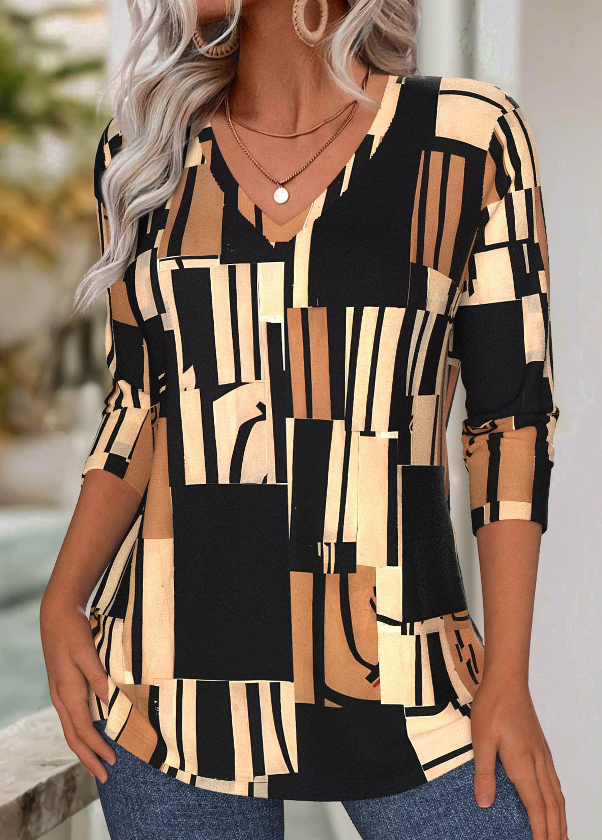 Dark Coffee Tummy Coverage Geometric Print T Shirt | picture 