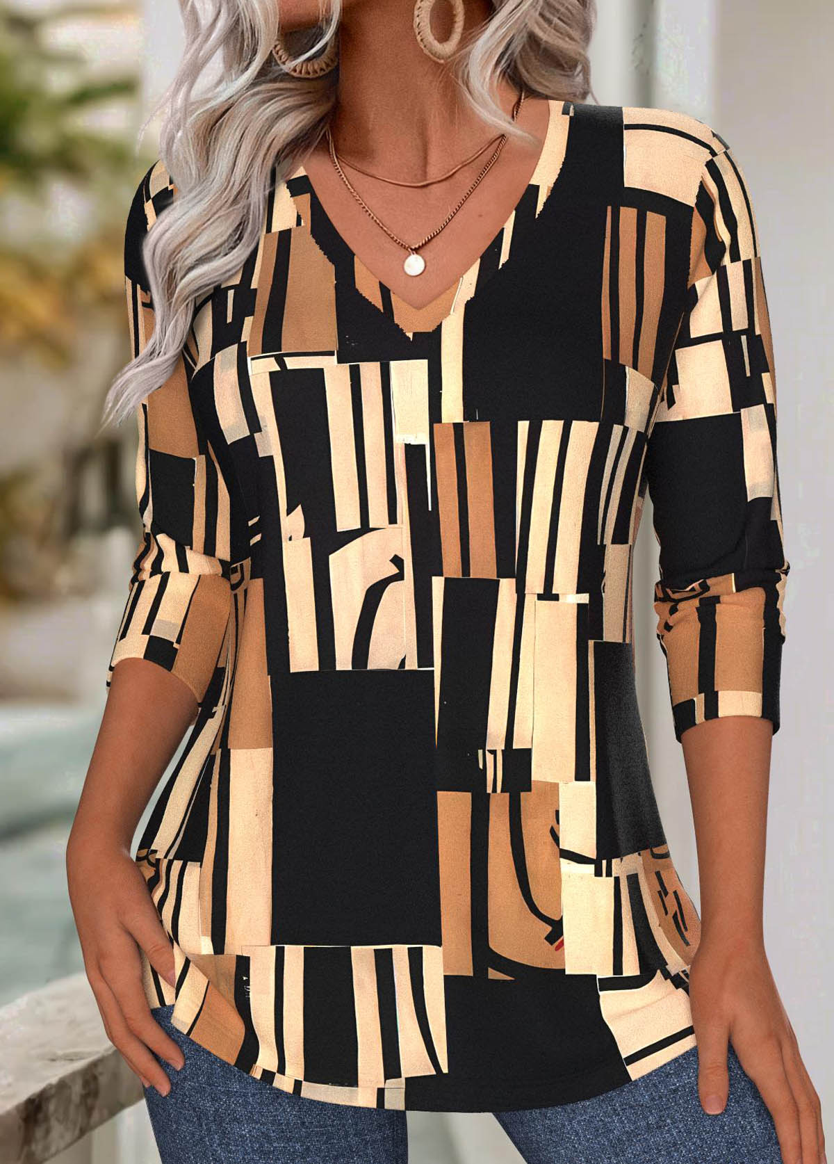 Dark Coffee Tummy Coverage Geometric Print T Shirt | picture 