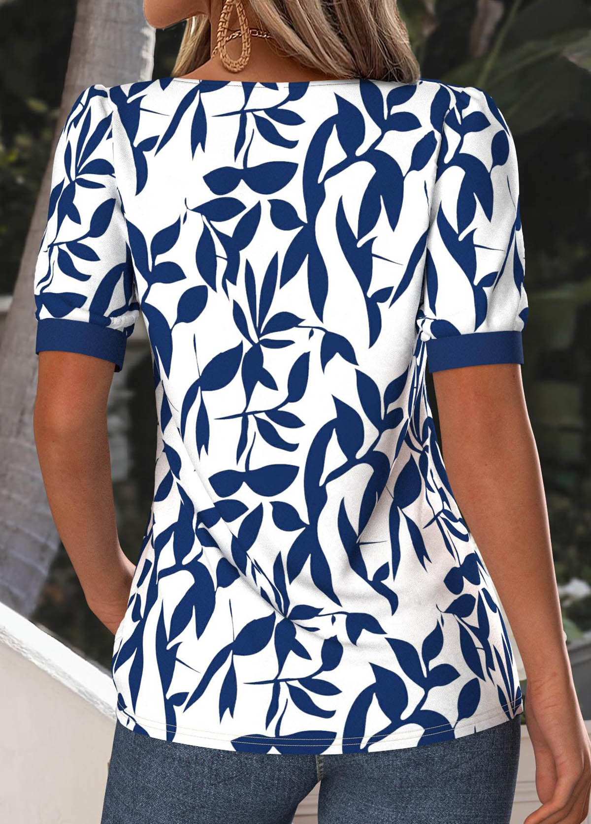 Navy Tummy Coverage Leaf Print Short Sleeve T Shirt | picture 