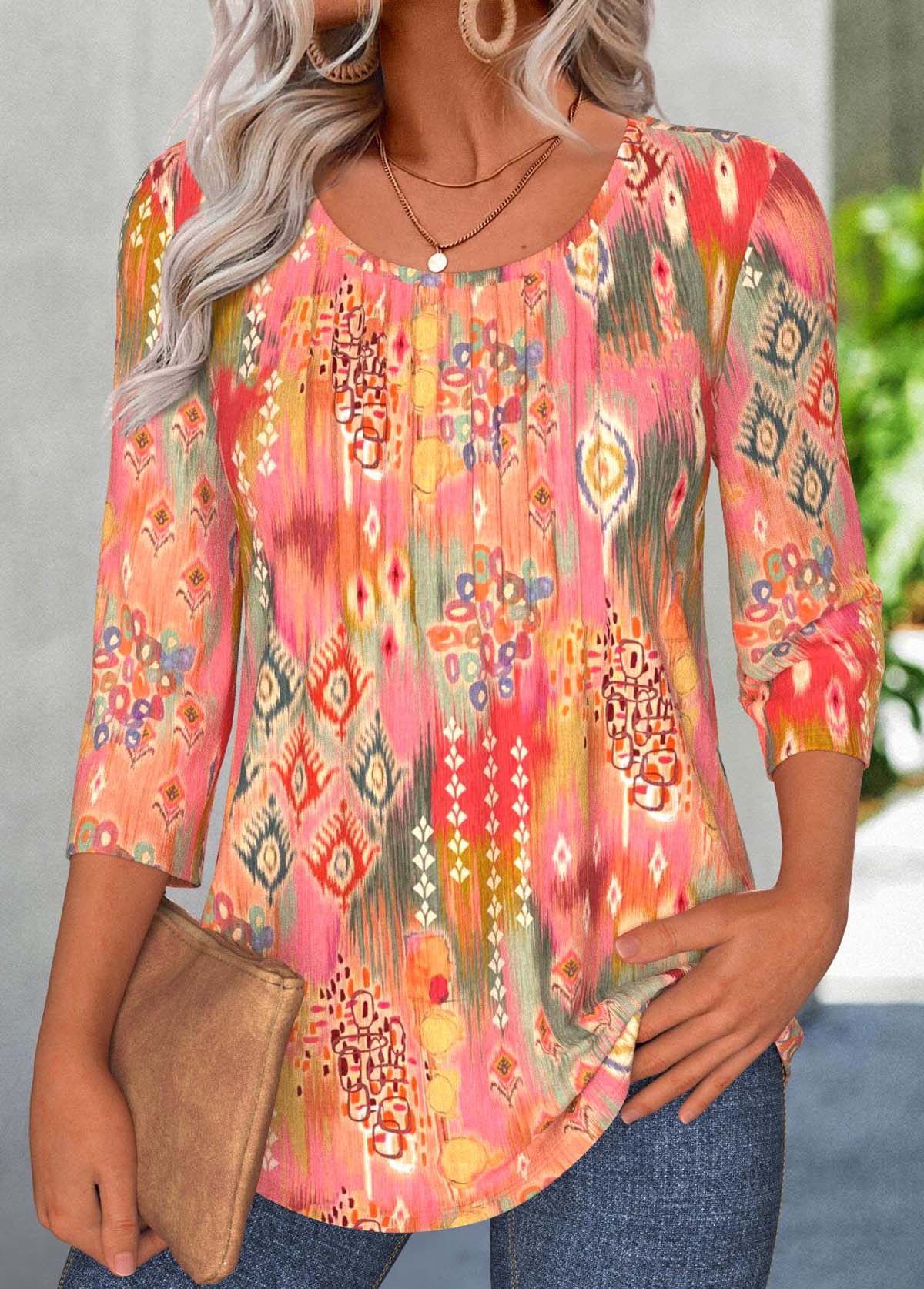 Coral Tummy Coverage Tribal Print 3/4 Sleeve T Shirt | picture 
