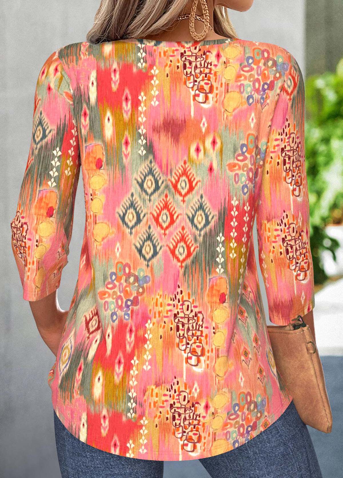 Coral Tummy Coverage Tribal Print 3/4 Sleeve T Shirt | picture 