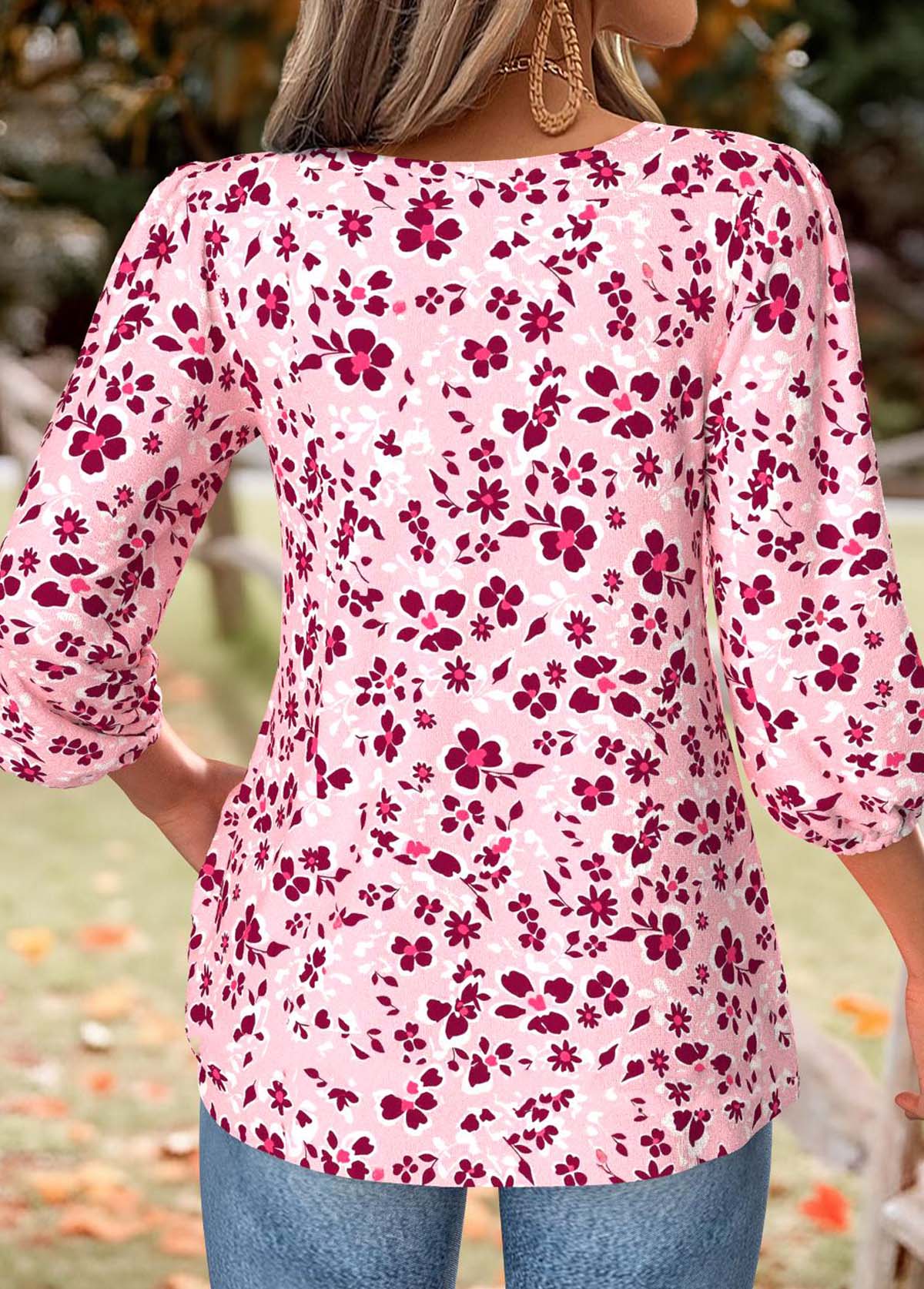 Hot Pink Peplum Floral Print 3/4 Sleeve Blouse | picture 