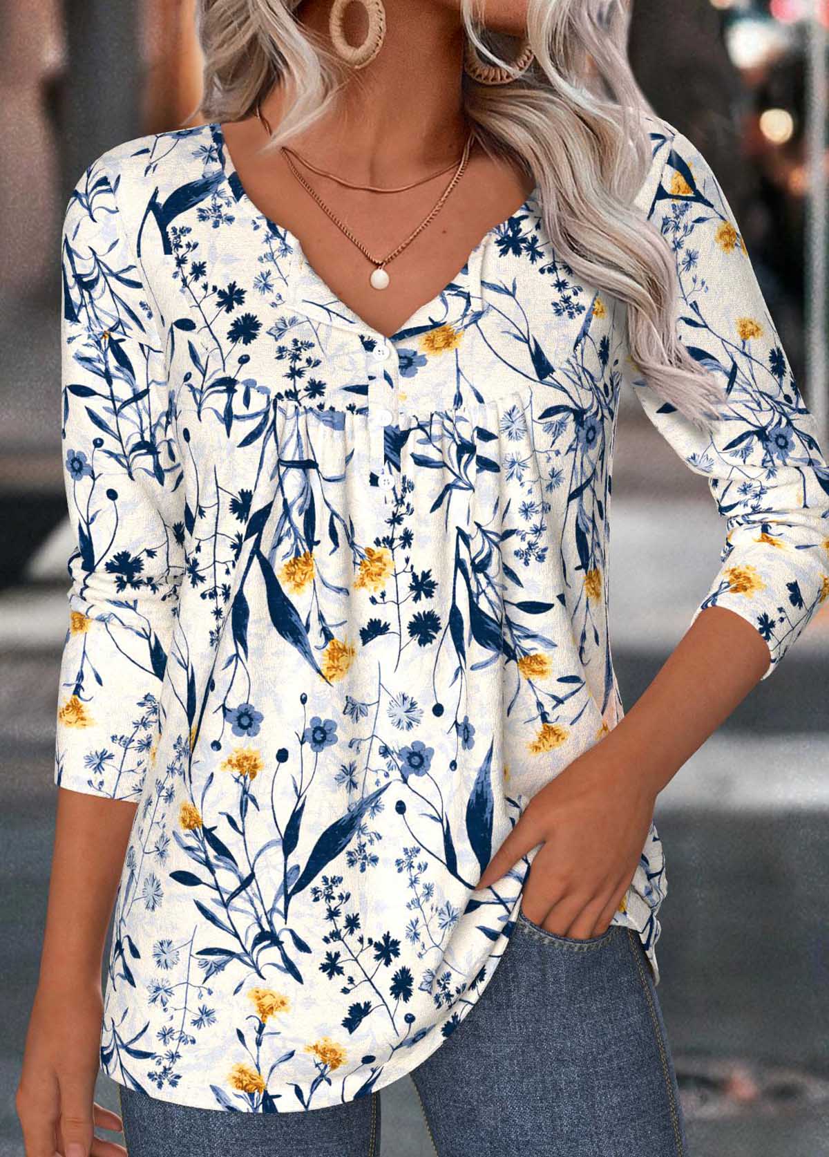 Beige Tummy Coverage Floral Print Long Sleeve T Shirt | picture 