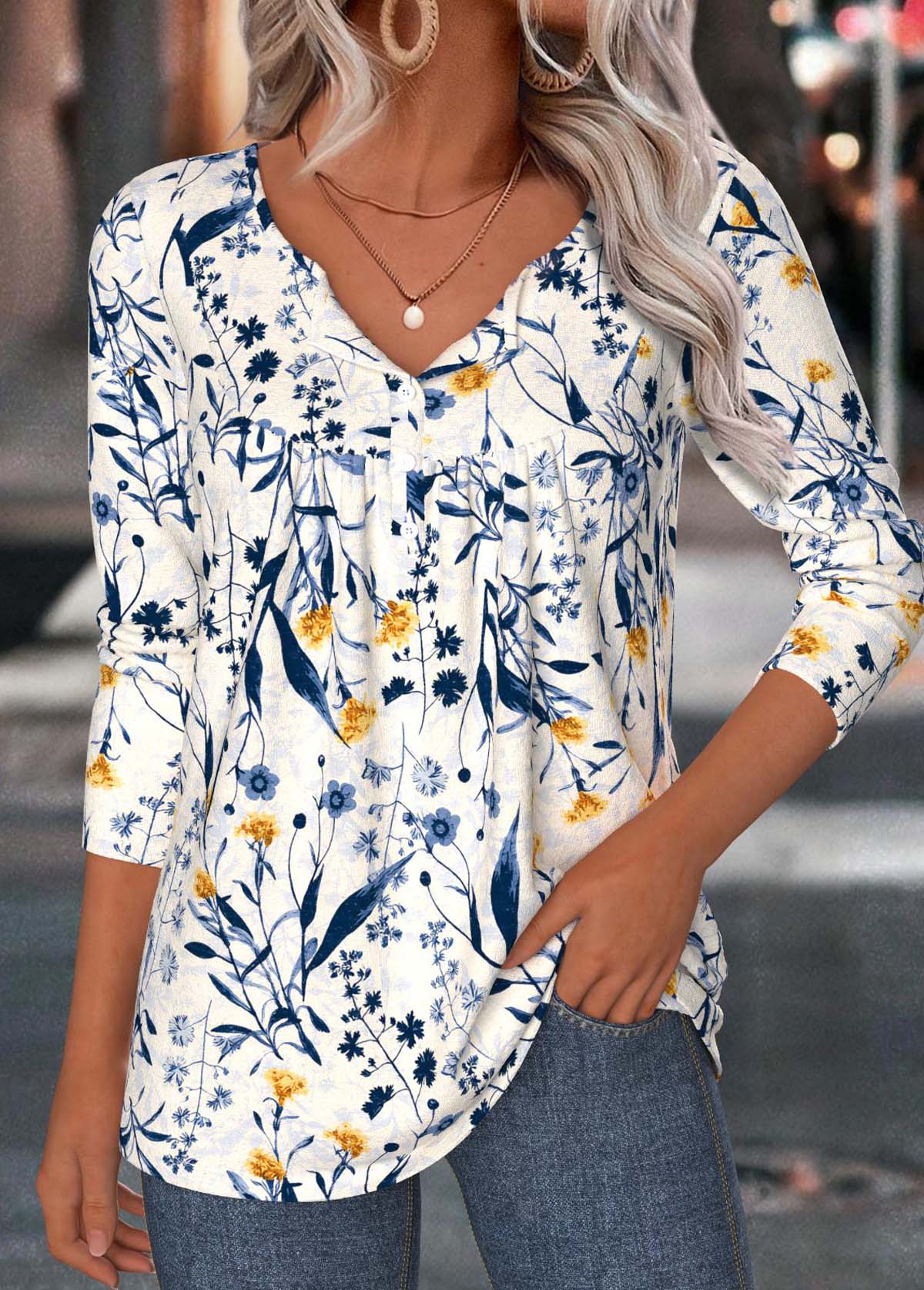 Beige Tummy Coverage Floral Print Long Sleeve T Shirt | picture 