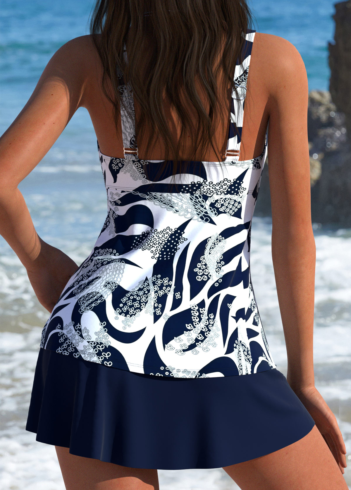 Tummy Coverage Mid Waisted Striped Navy Tankini Set | picture 