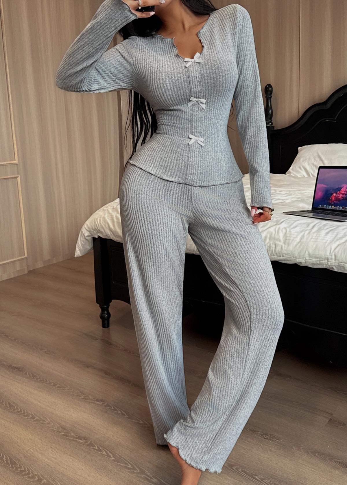 Grey Long Sleeve Split Neck Lounge Top and Pants | picture 