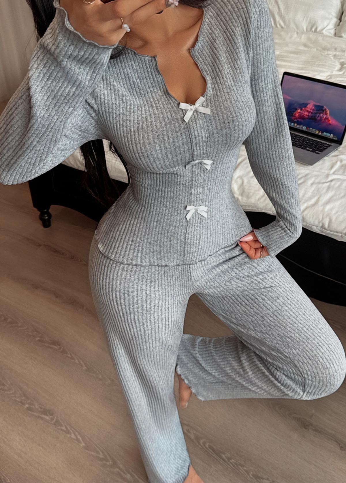 Grey Long Sleeve Split Neck Lounge Top and Pants | picture 