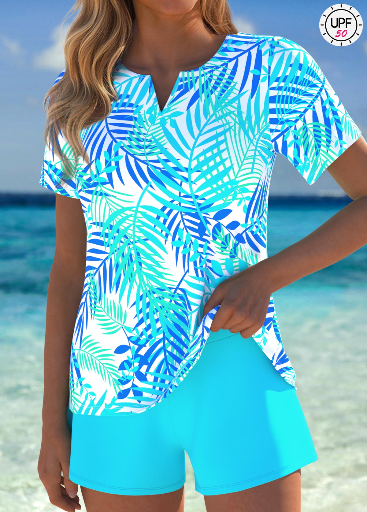 Tummy Coverage Mid Waisted Tropical Plants Print Tankini Set | picture 