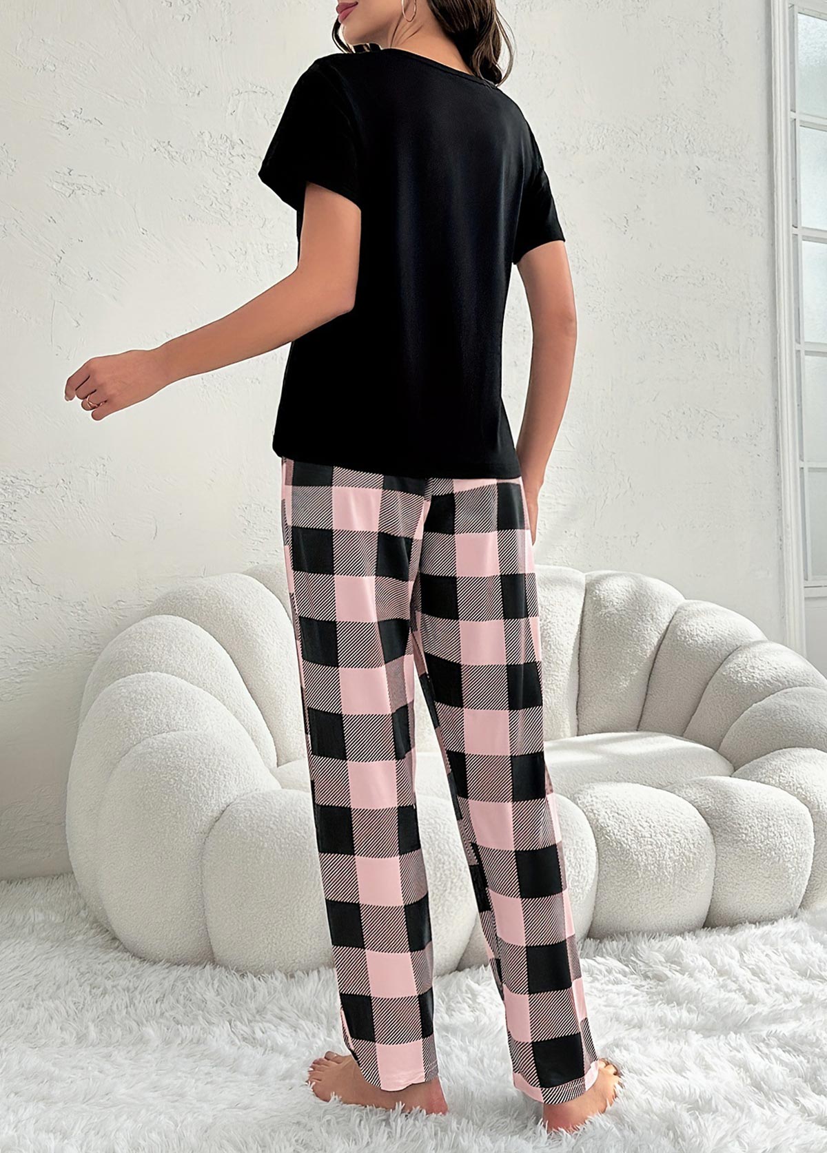 Pink Plaid Short Sleeve Lounge Top and Pants | picture 