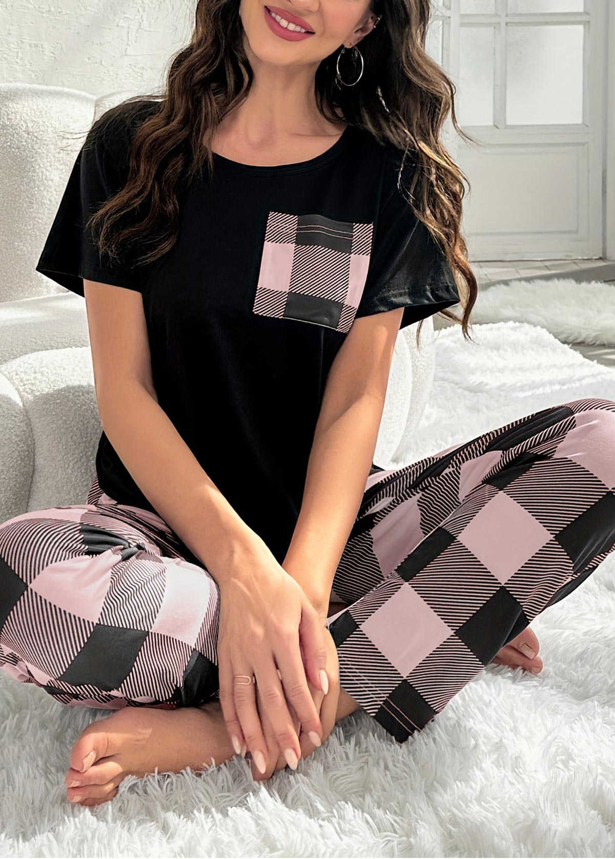 Pink Plaid Short Sleeve Lounge Top and Pants | picture 