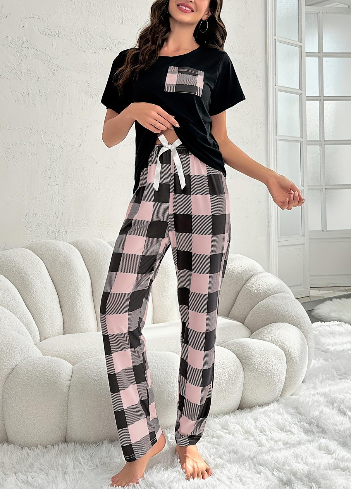 Pink Plaid Short Sleeve Lounge Top and Pants | picture 
