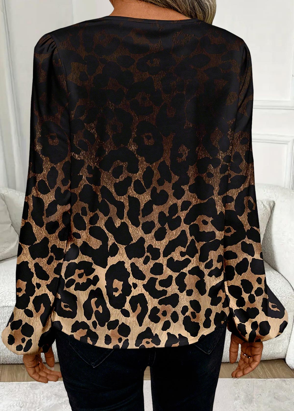 Dark Coffee Tummy Coverage Leopard Long Sleeve Blouse | picture 