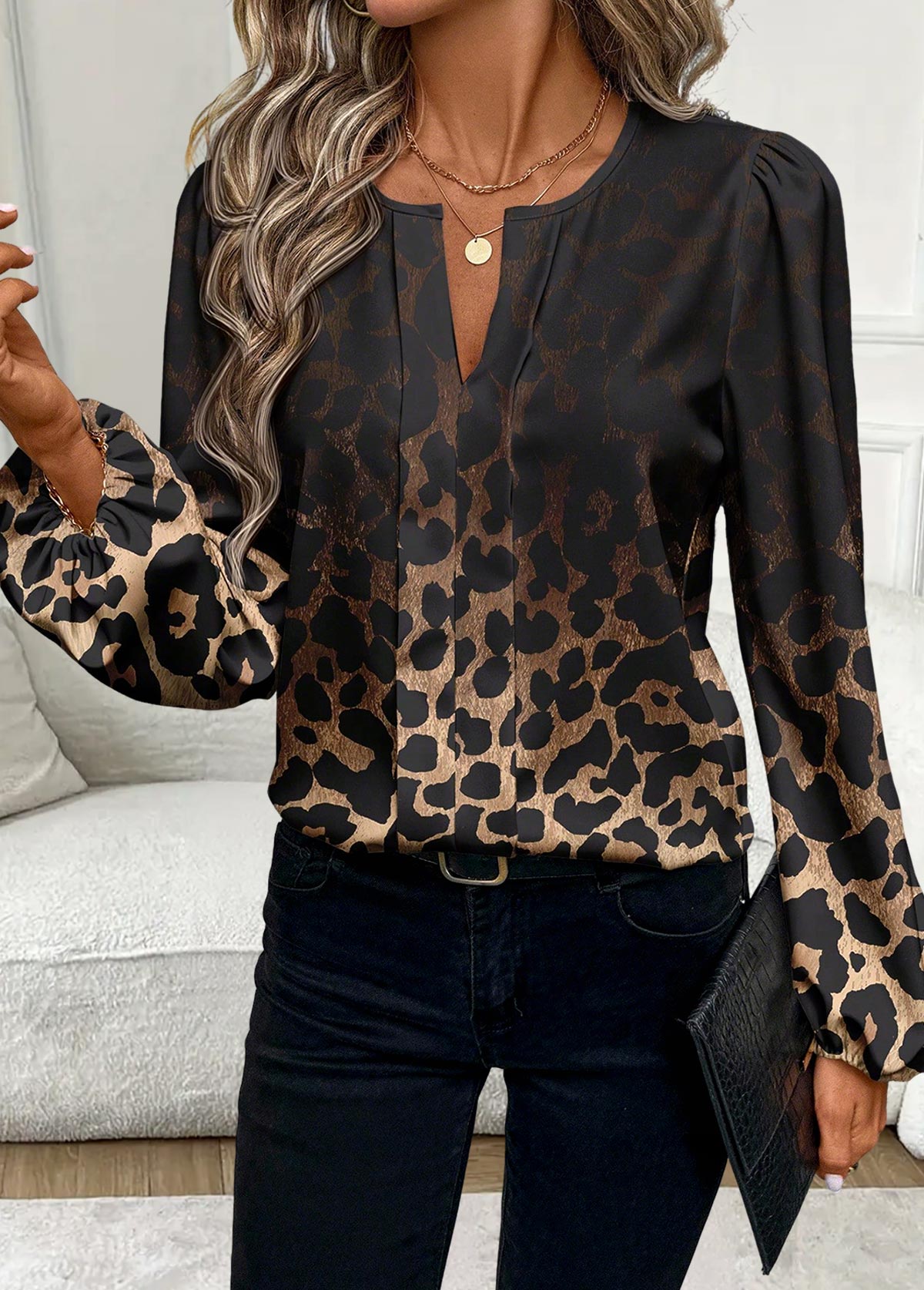 Dark Coffee Tummy Coverage Leopard Long Sleeve Blouse | picture 