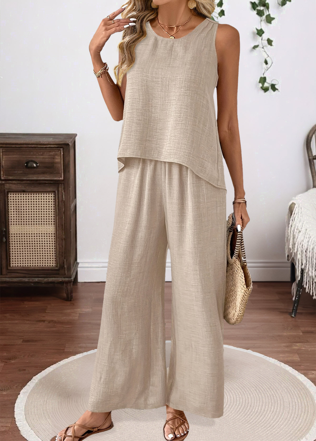 Light Camel Tummy Coverage Sleeveless Round Neck Top | picture 