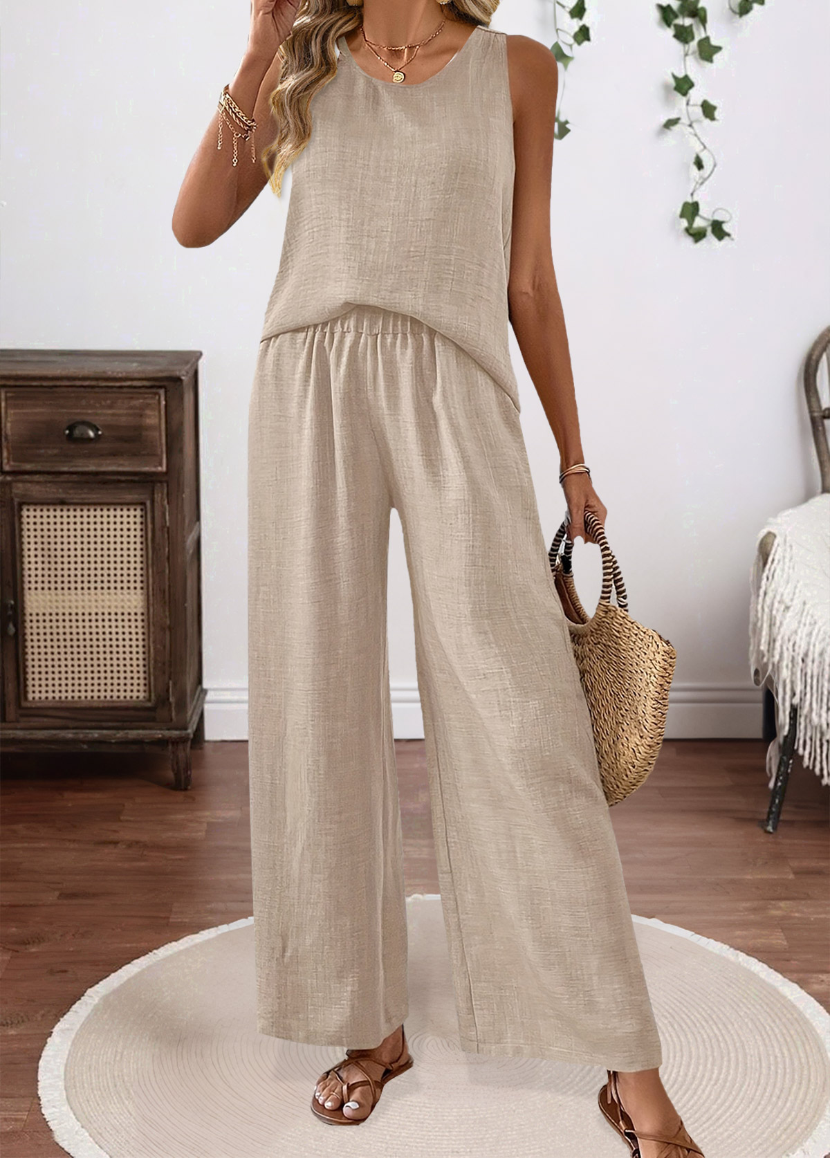 Light Camel Tummy Coverage Sleeveless Round Neck Top | picture 