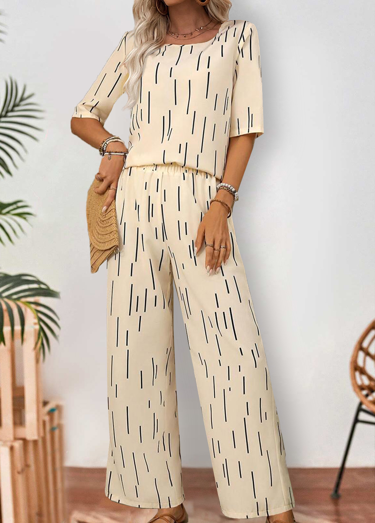 Beige Two-piece Geometric Print Ankle Length Short Sleeve Top | picture 