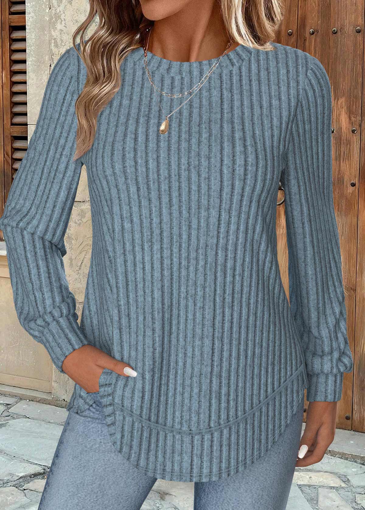 Dusty Blue Long Sleeve Round Neck Sweatshirt | picture 