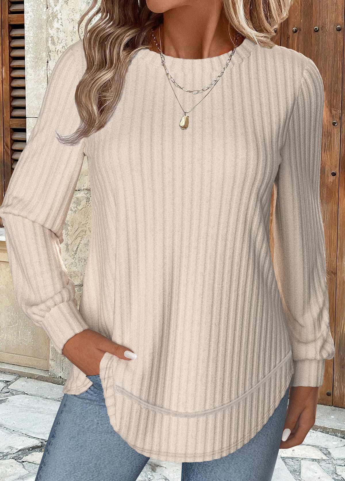 Beige Long Sleeve Round Neck Sweatshirt | picture 