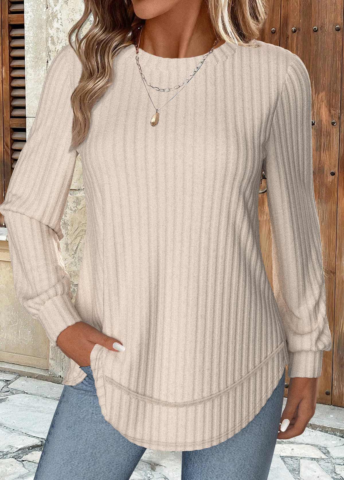 Beige Long Sleeve Round Neck Sweatshirt | picture 