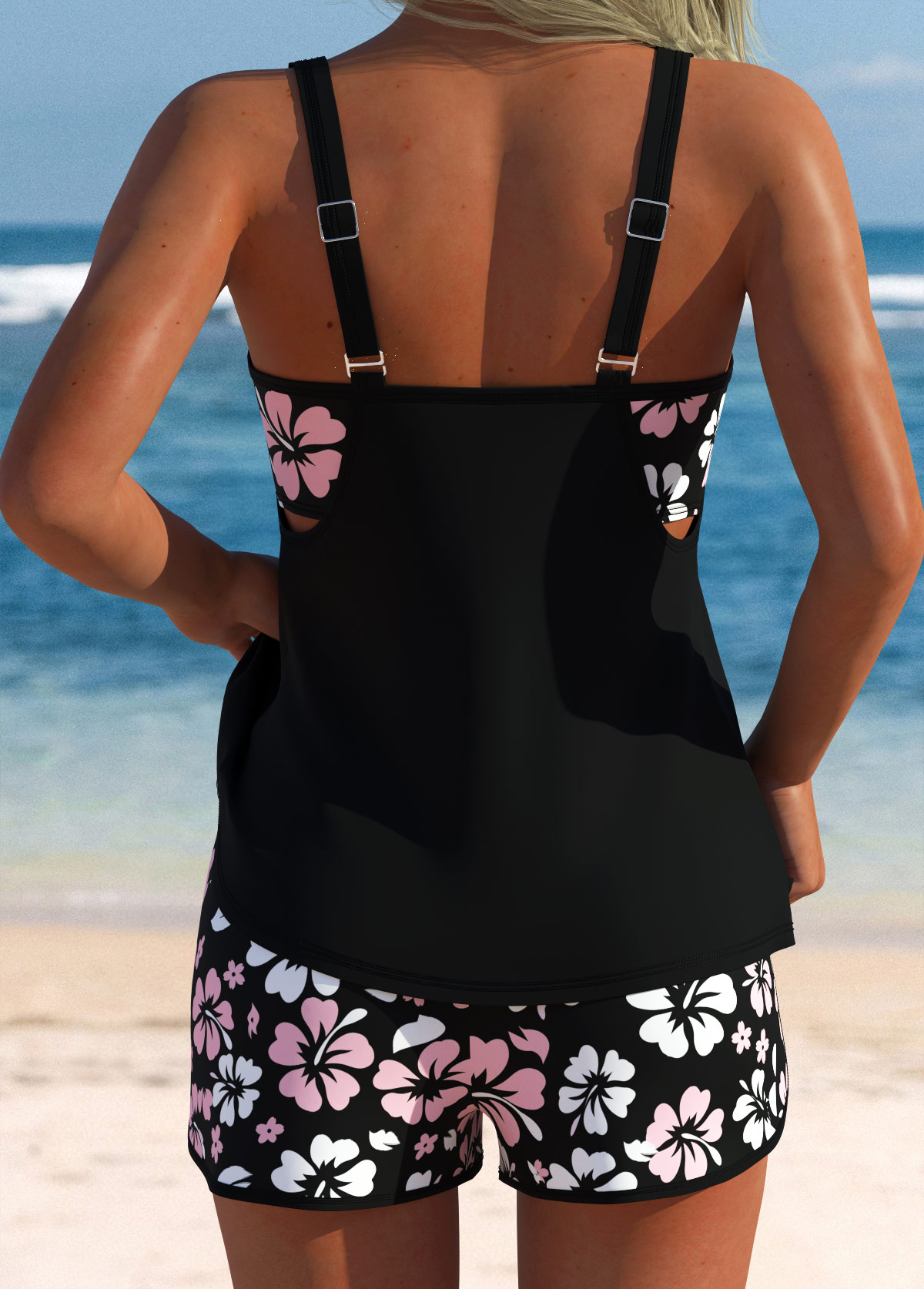 Layered Mid Waisted Floral Print Black Tankini Set | picture 