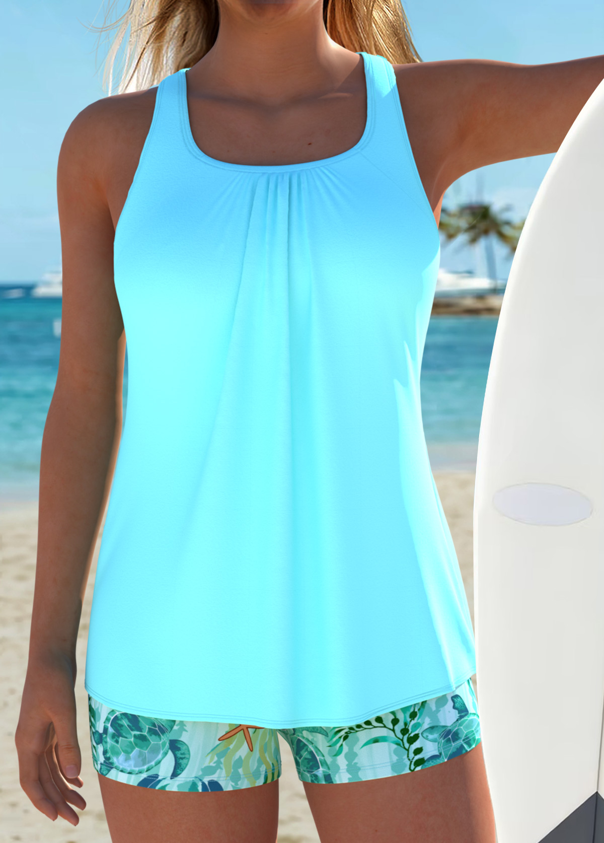 Tummy Coverage Mid Waisted Marine Life Print Tankini Set | picture 