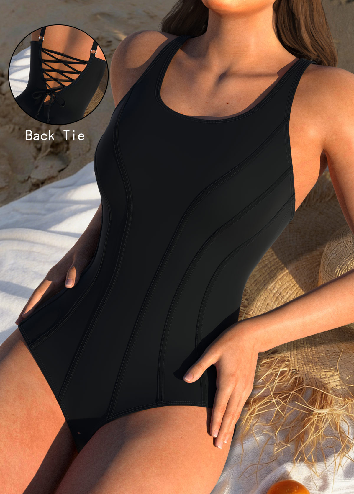 Black Lace Up One Piece Swimwear | picture 
