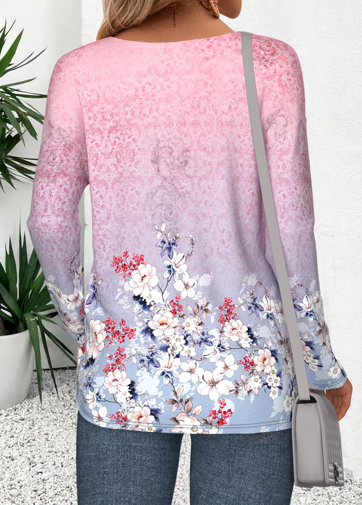 Pink Curved Hem Floral Print Long Sleeve T Shirt | picture 