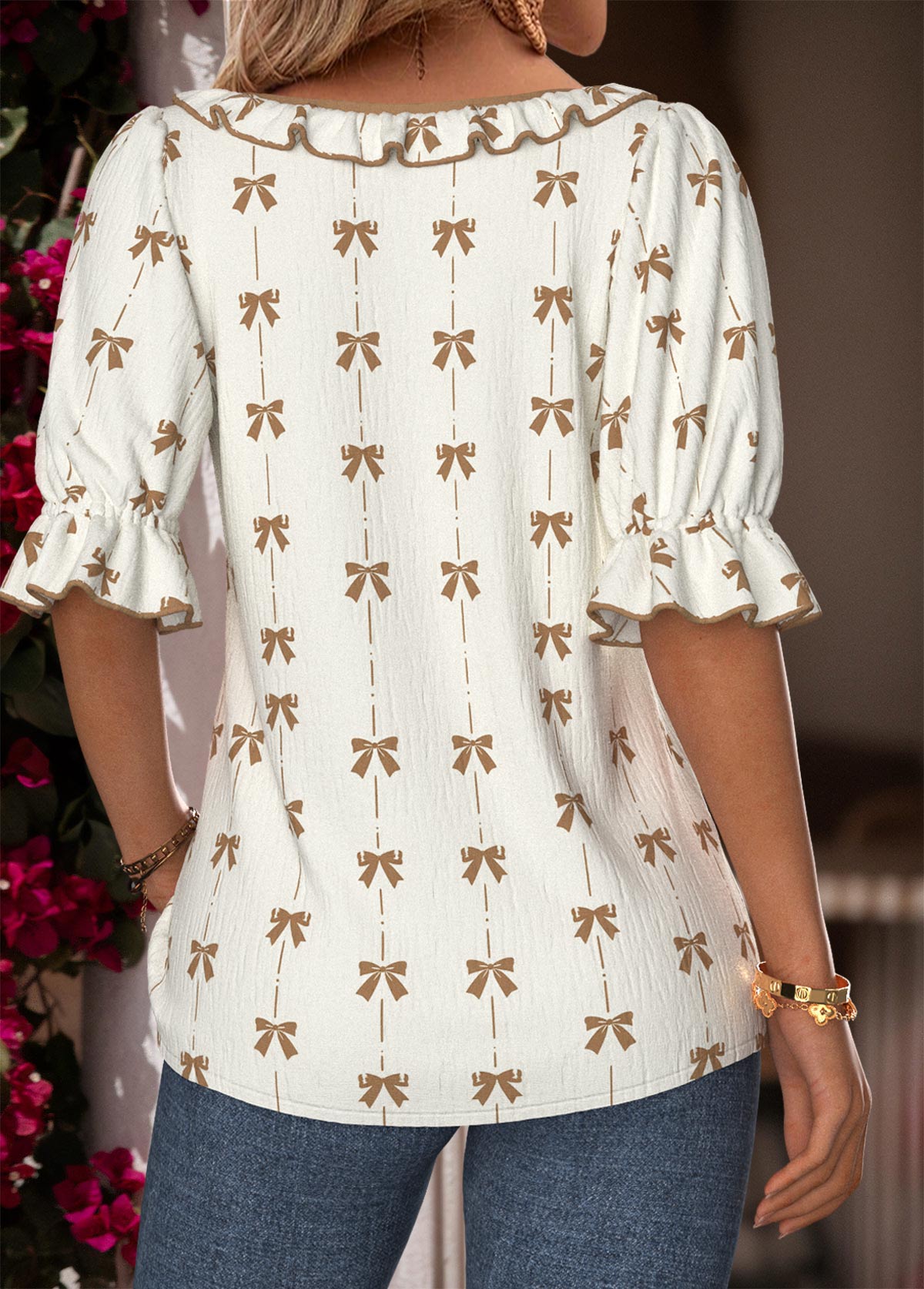 White Frill Geometric Print Half Sleeve V Neck Blouse | picture 