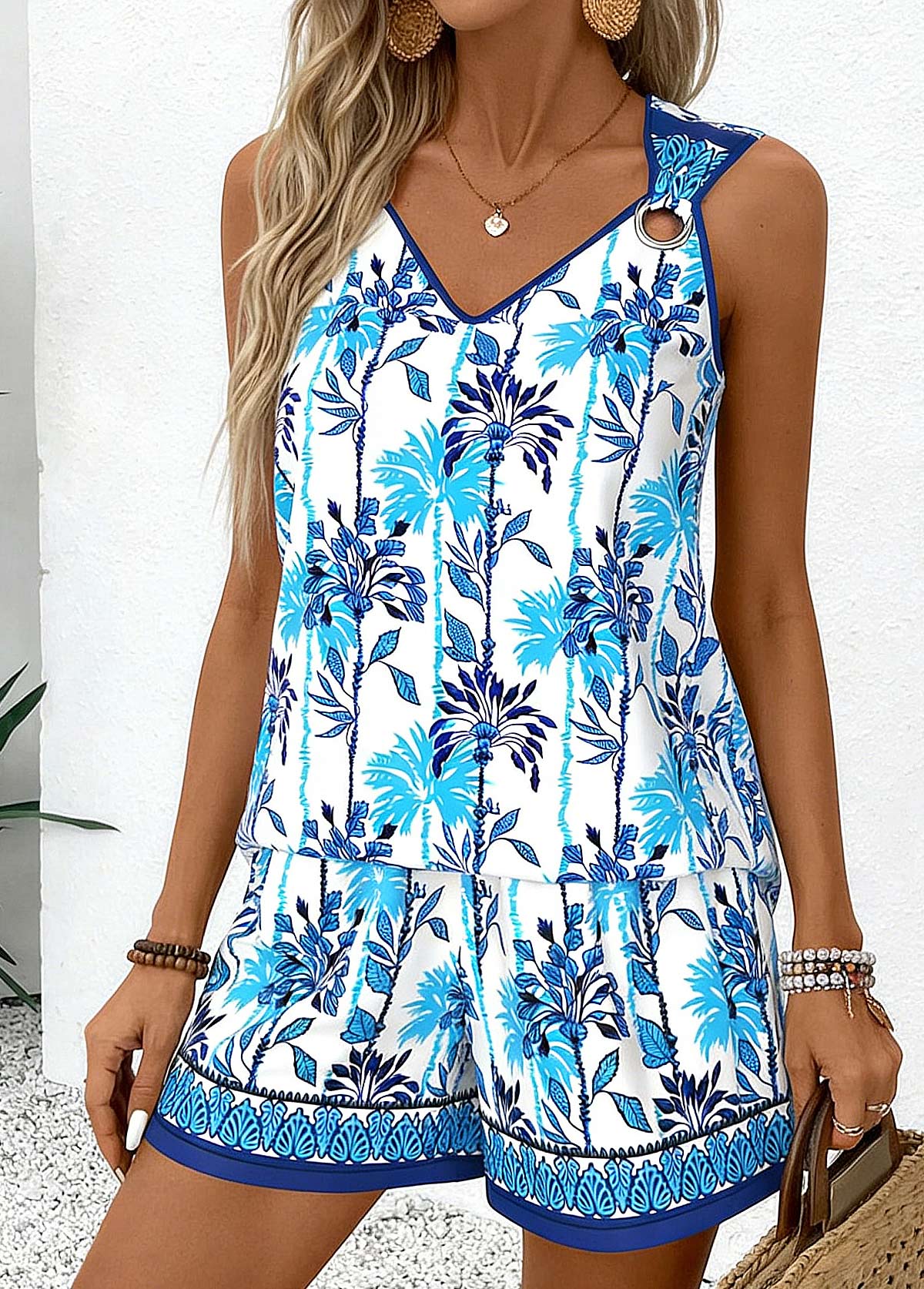Blue Tummy Coverage Leaf Print Sleeveless Tank Top | picture 
