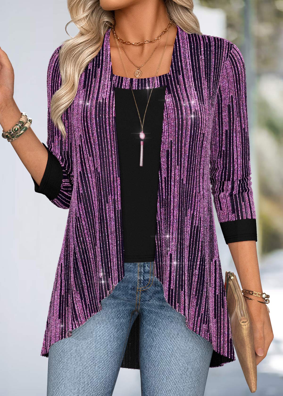 Purple Tummy Coverage Long Sleeve Fake Two Piece Twinset | picture 