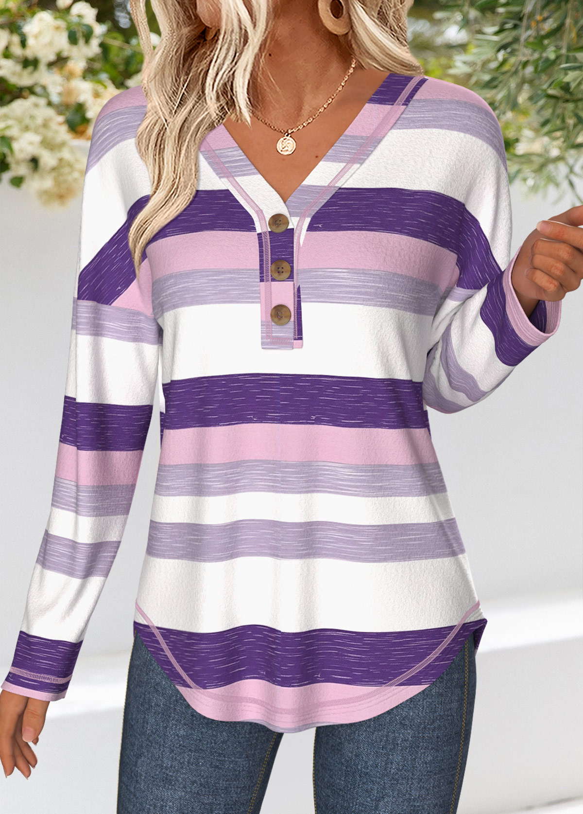Purple Tummy Coverage Multi Stripe Print T Shirt | picture 