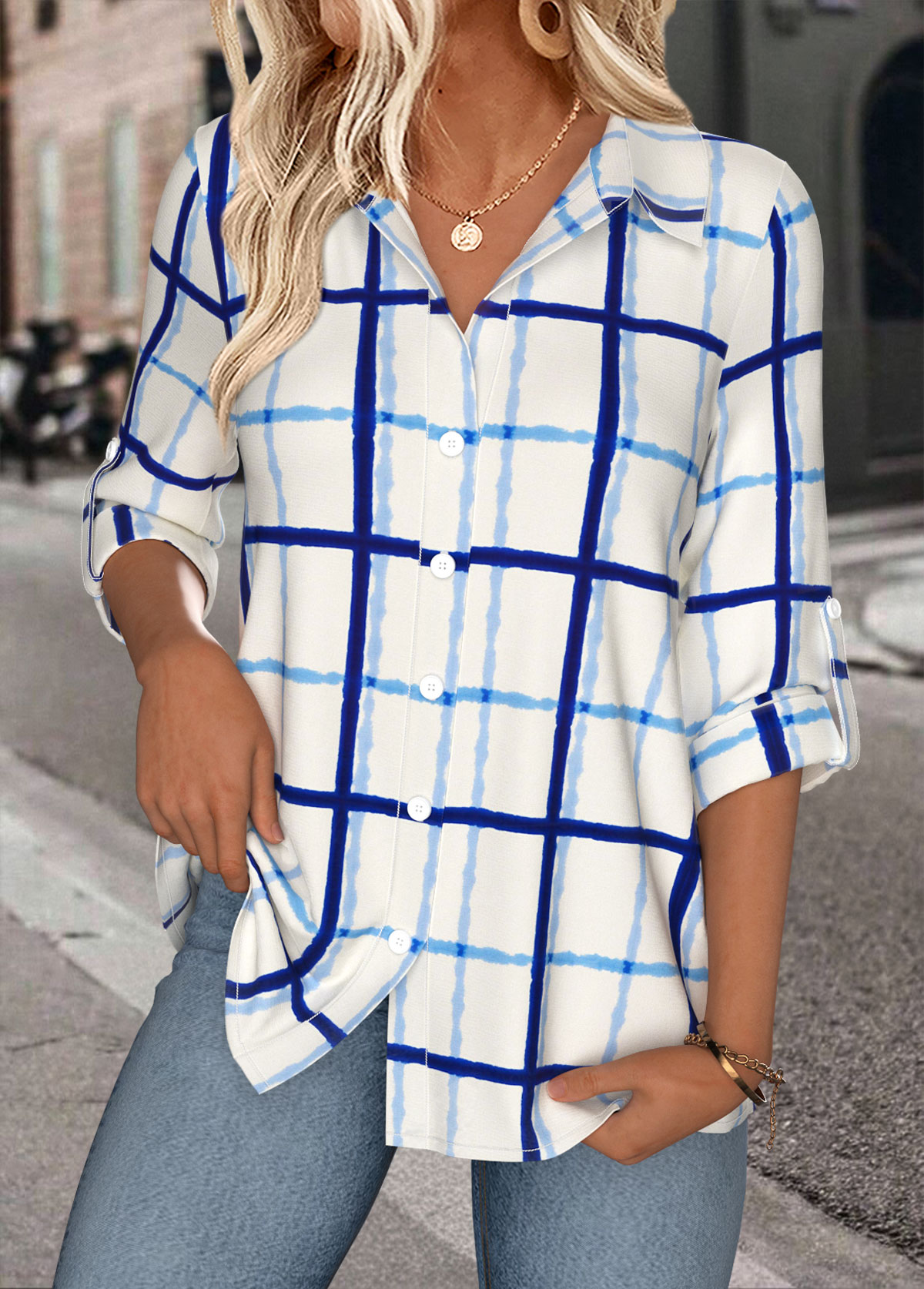 White Tummy Coverage Geometric Print Long Sleeve Shirt | picture 