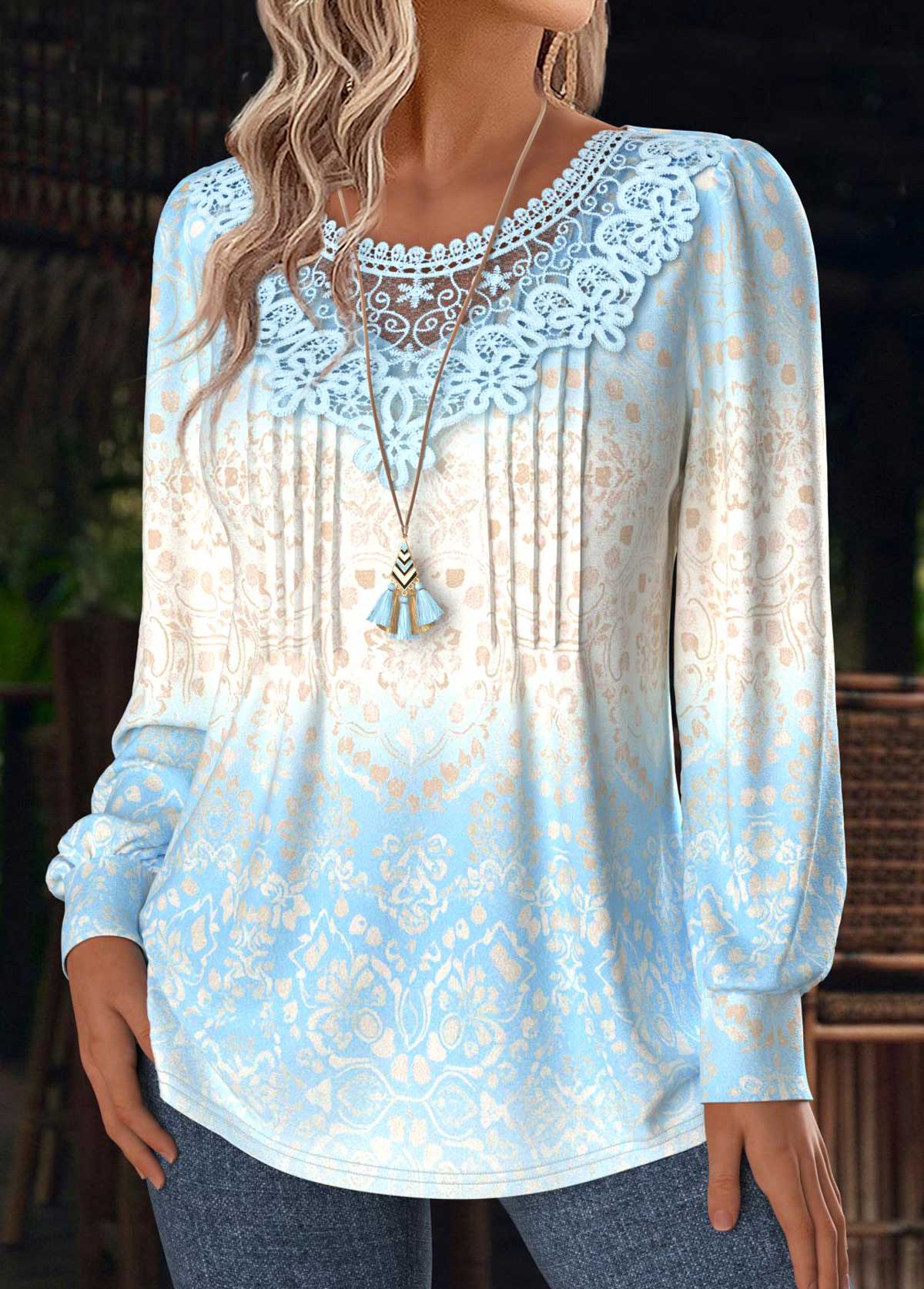 Light Blue Tummy Coverage Tribal Print T Shirt | picture 