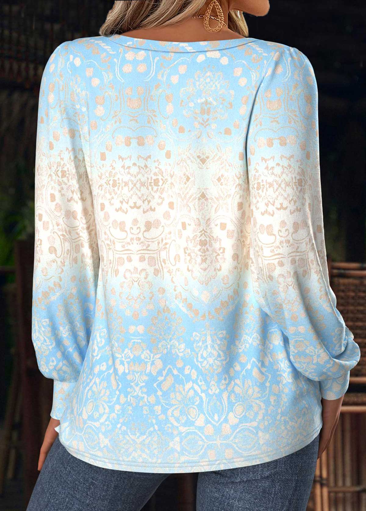 Light Blue Tummy Coverage Tribal Print T Shirt | picture 
