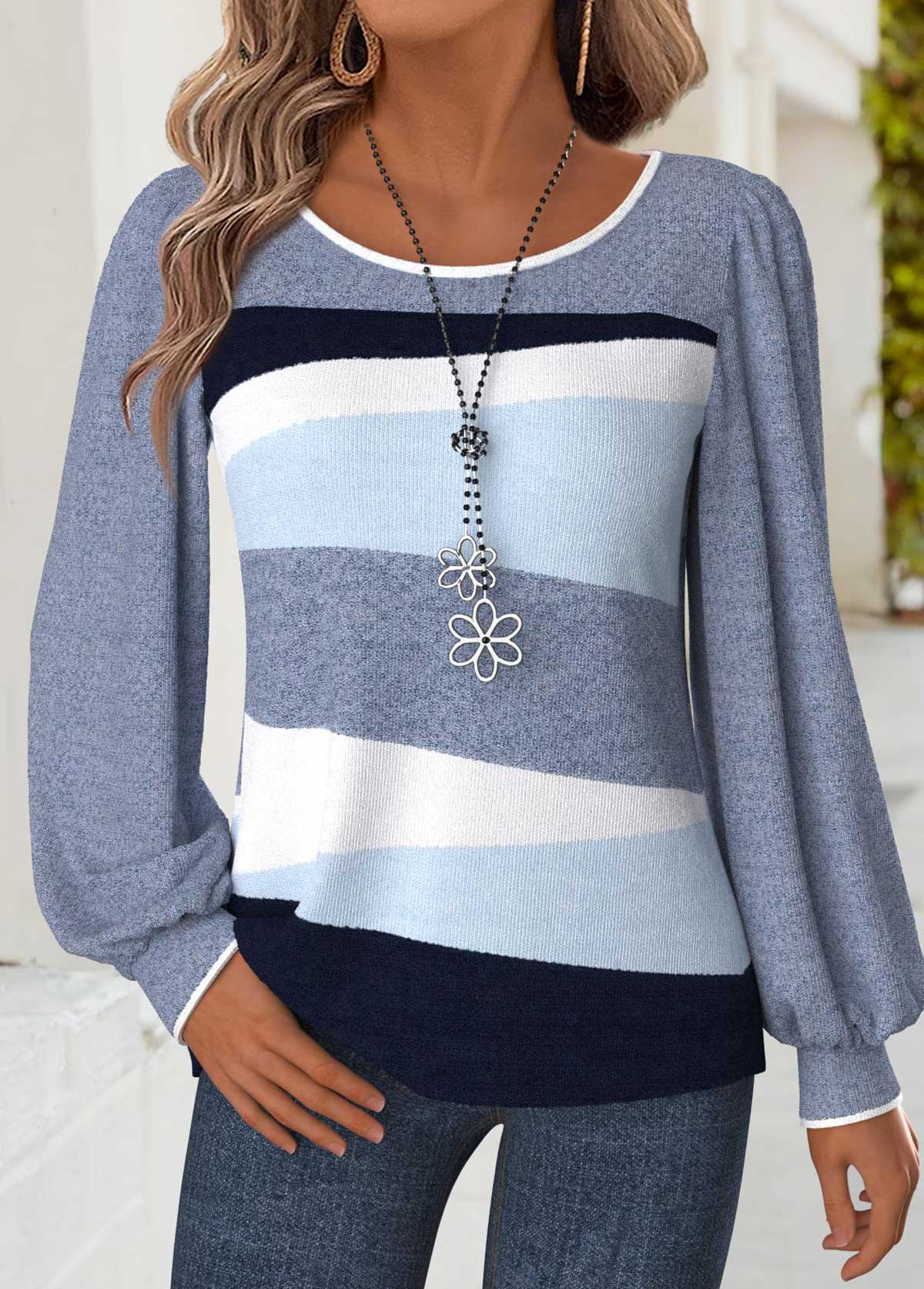 Blue Tummy Coverage Geometric Print Long Sleeve T Shirt