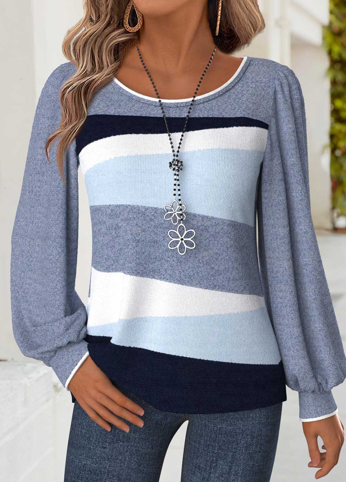 Blue Tummy Coverage Geometric Print Long Sleeve T Shirt | picture 