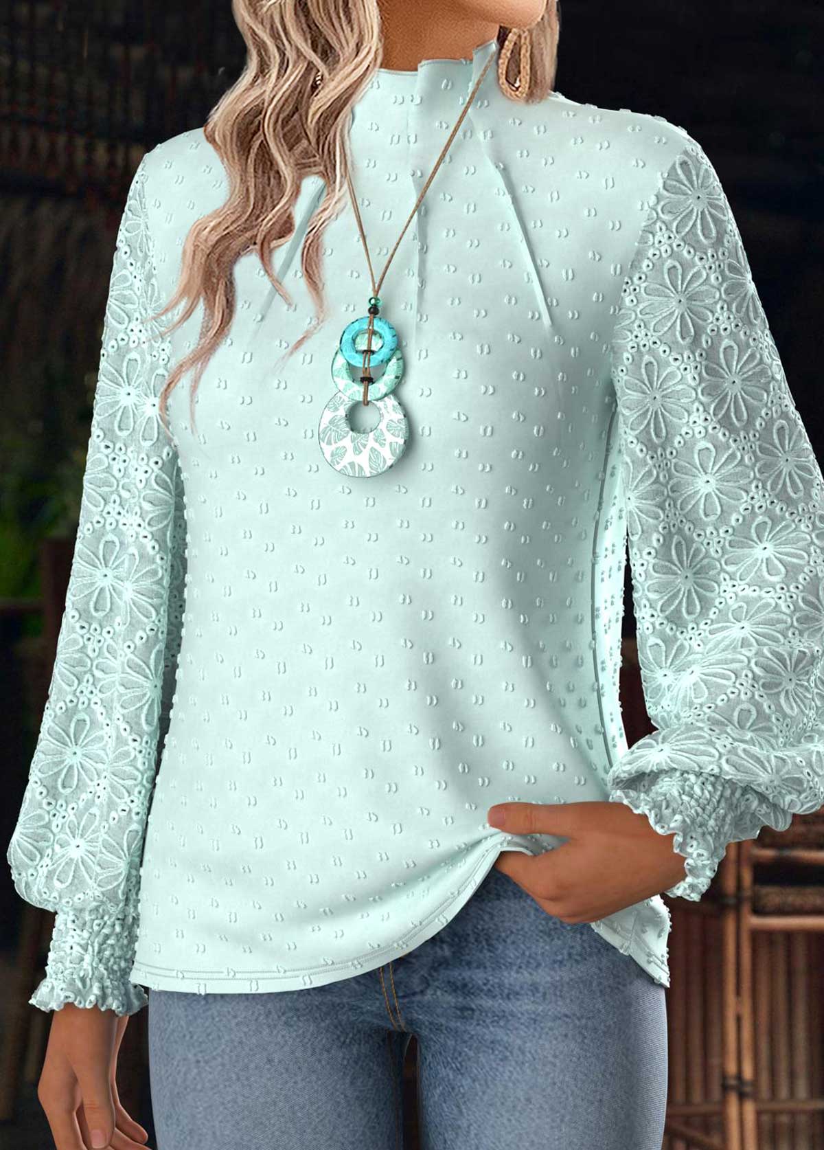 Mint Green Tummy Coverage Long Sleeve High Neck Blouse | picture 