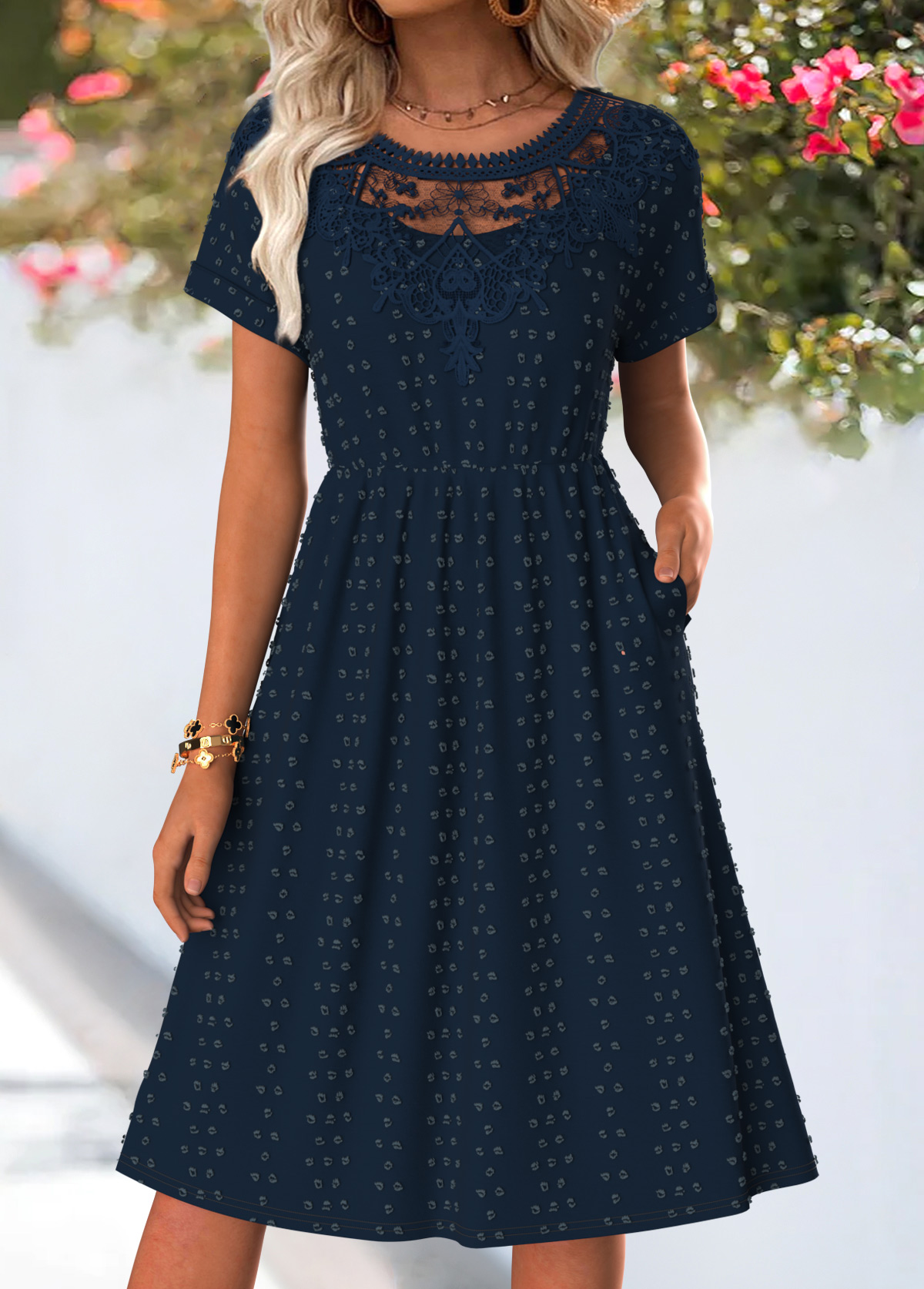 Dark Blue Tummy Coverage Short Sleeve Round Neck Dress | picture 
