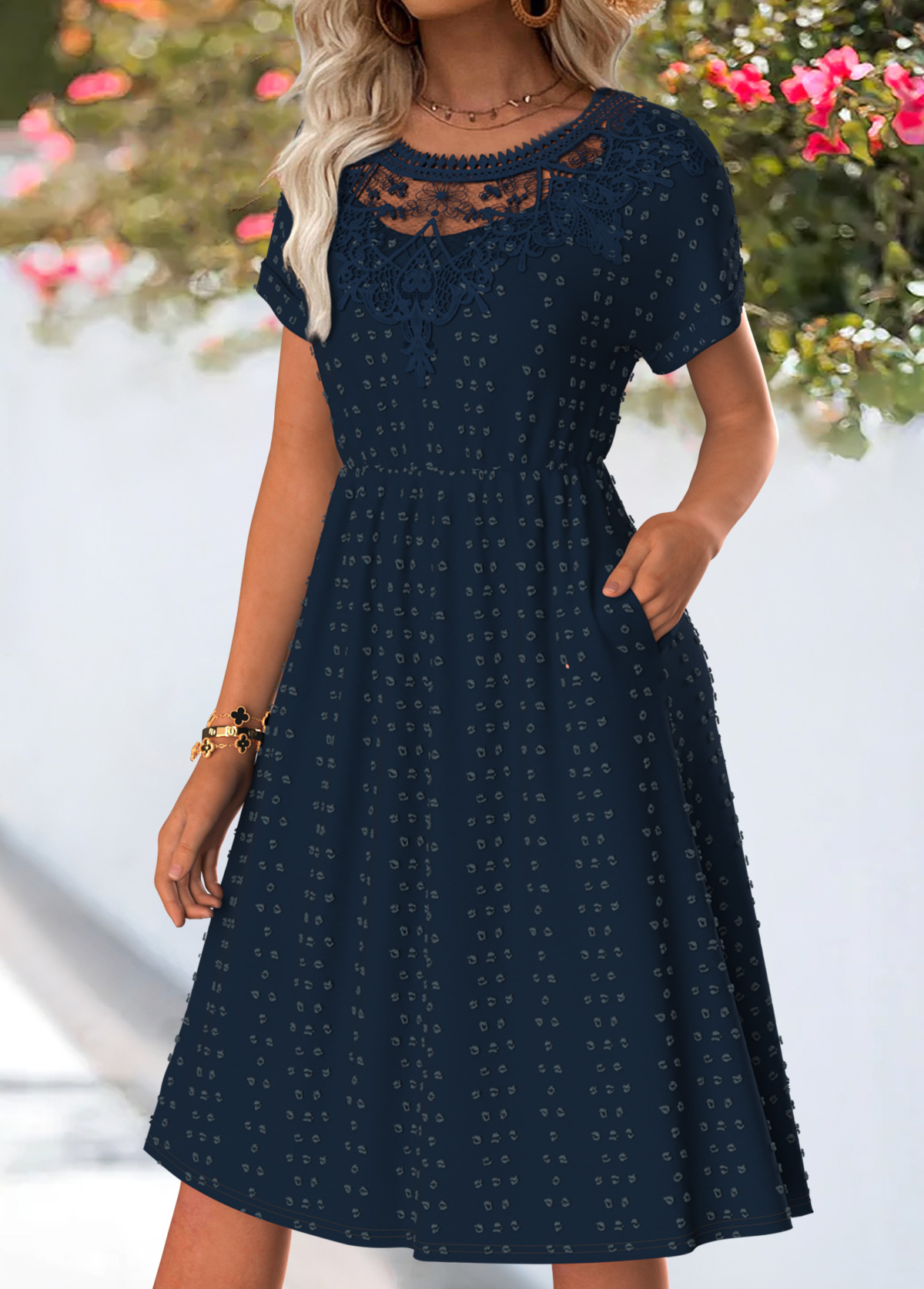 Dark Blue Tummy Coverage Short Sleeve Round Neck Dress | picture 