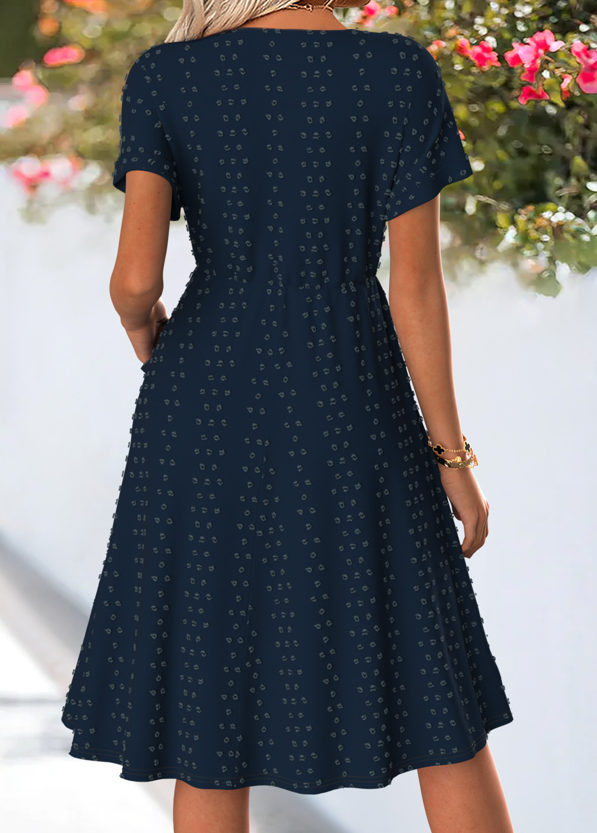 Dark Blue Tummy Coverage Short Sleeve Round Neck Dress | picture 