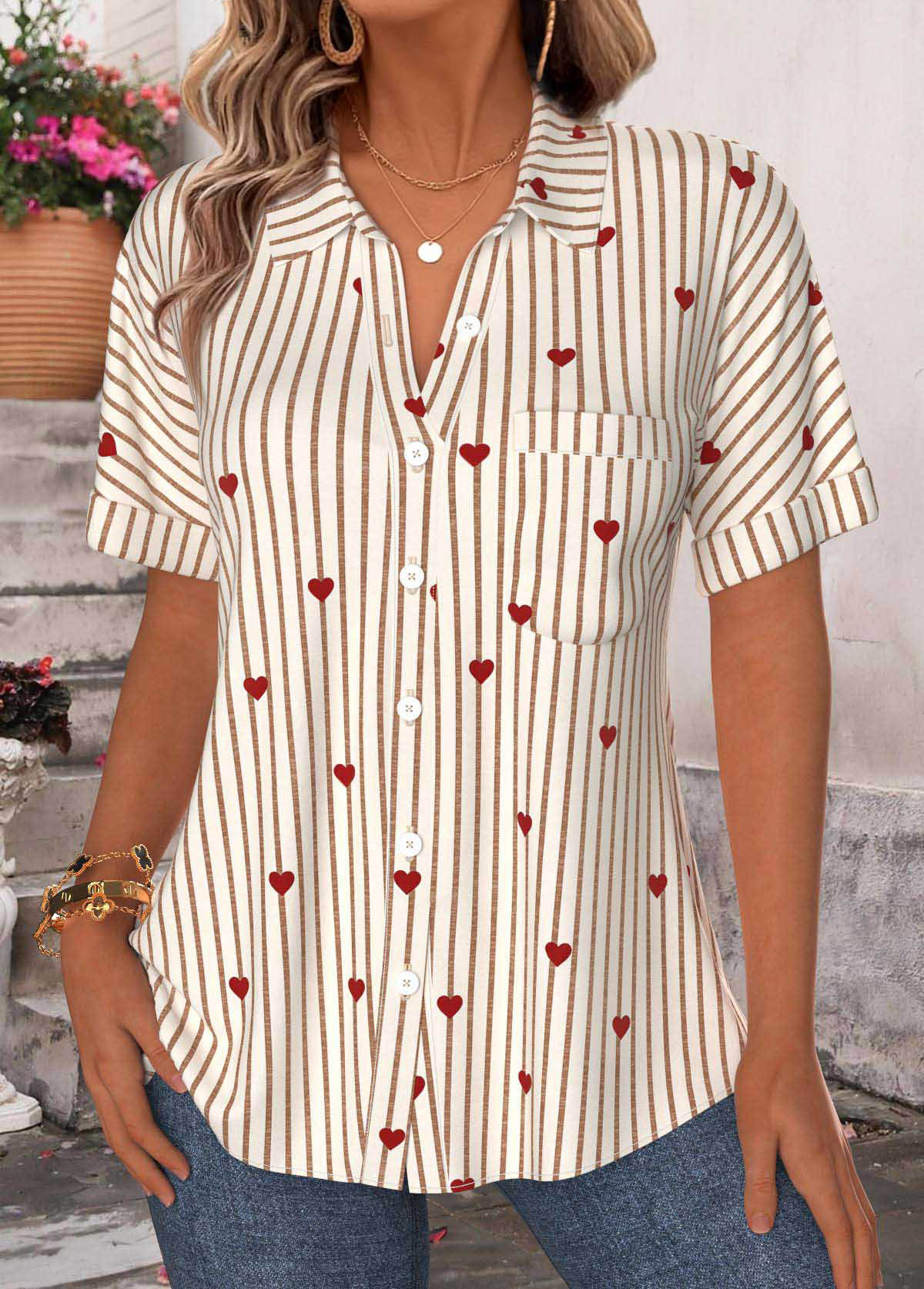 Beige Striped Patch Pocket Short Sleeve Shirt | picture 