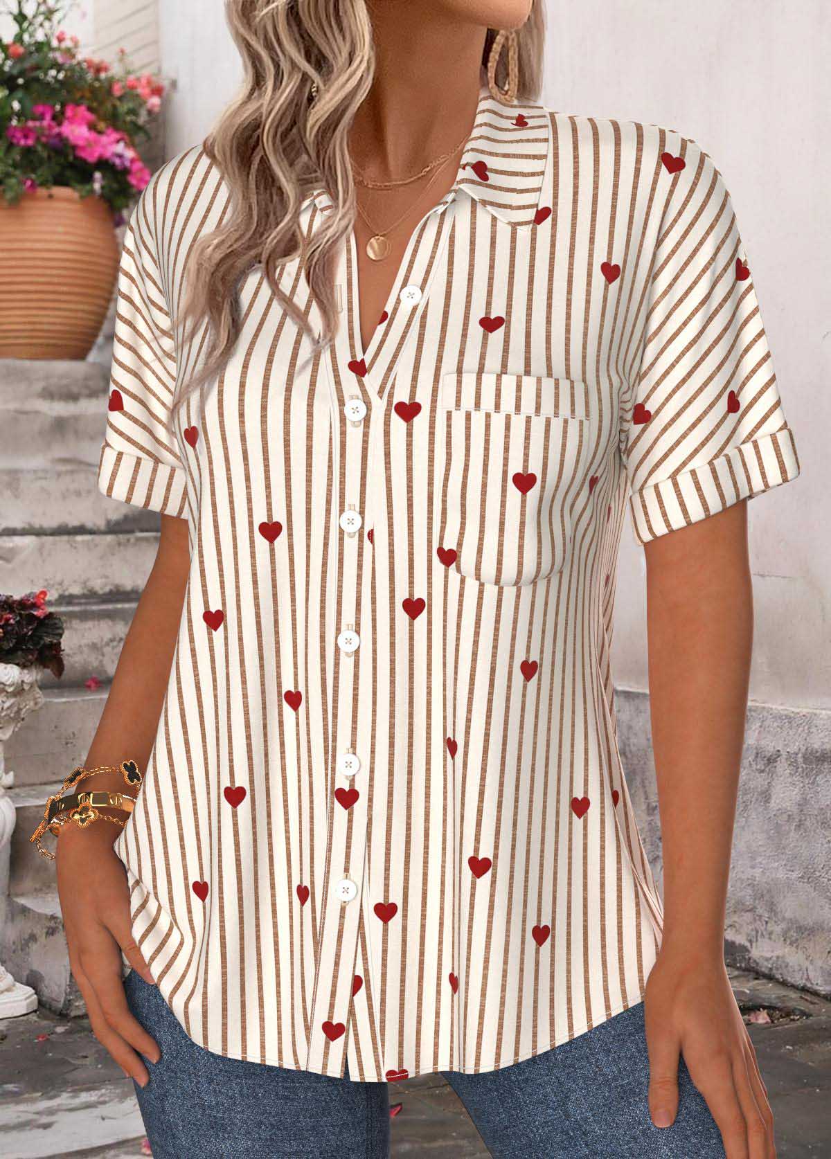 Beige Striped Patch Pocket Short Sleeve Shirt | picture 