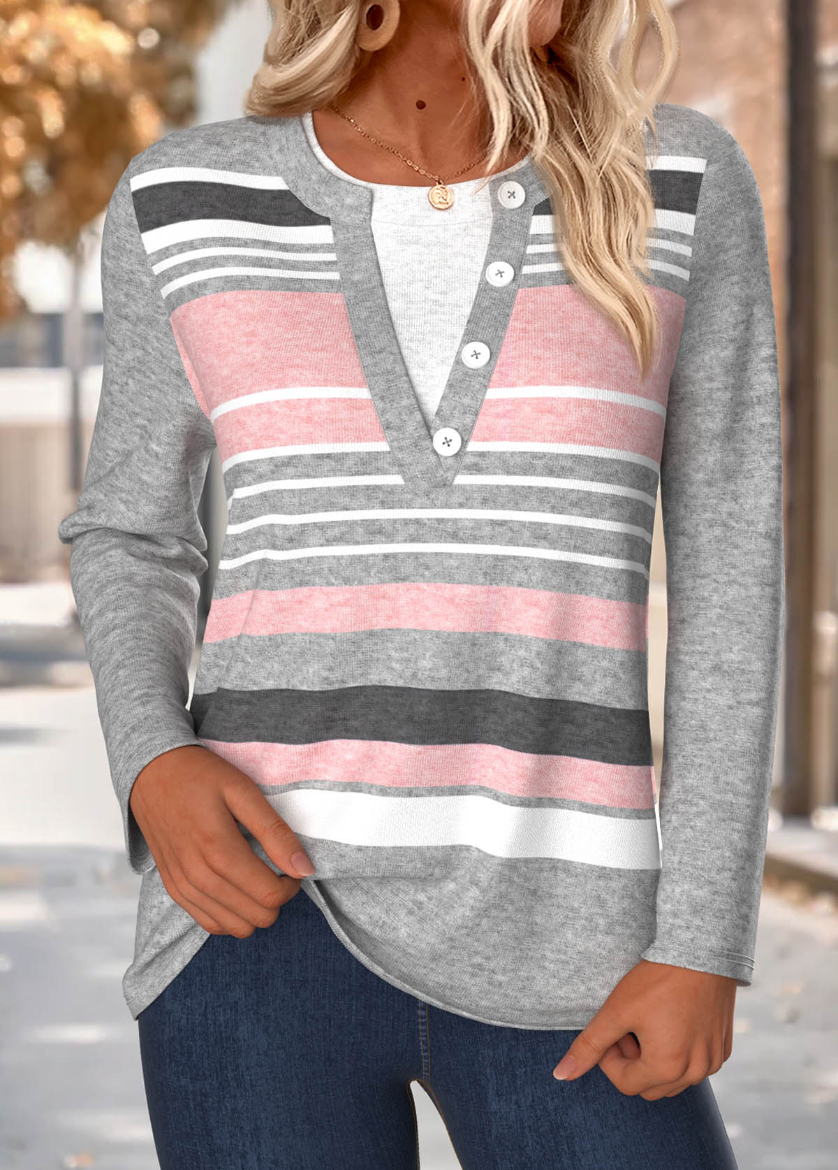 Light Grey Marl Tummy Coverage Striped T Shirt | picture 