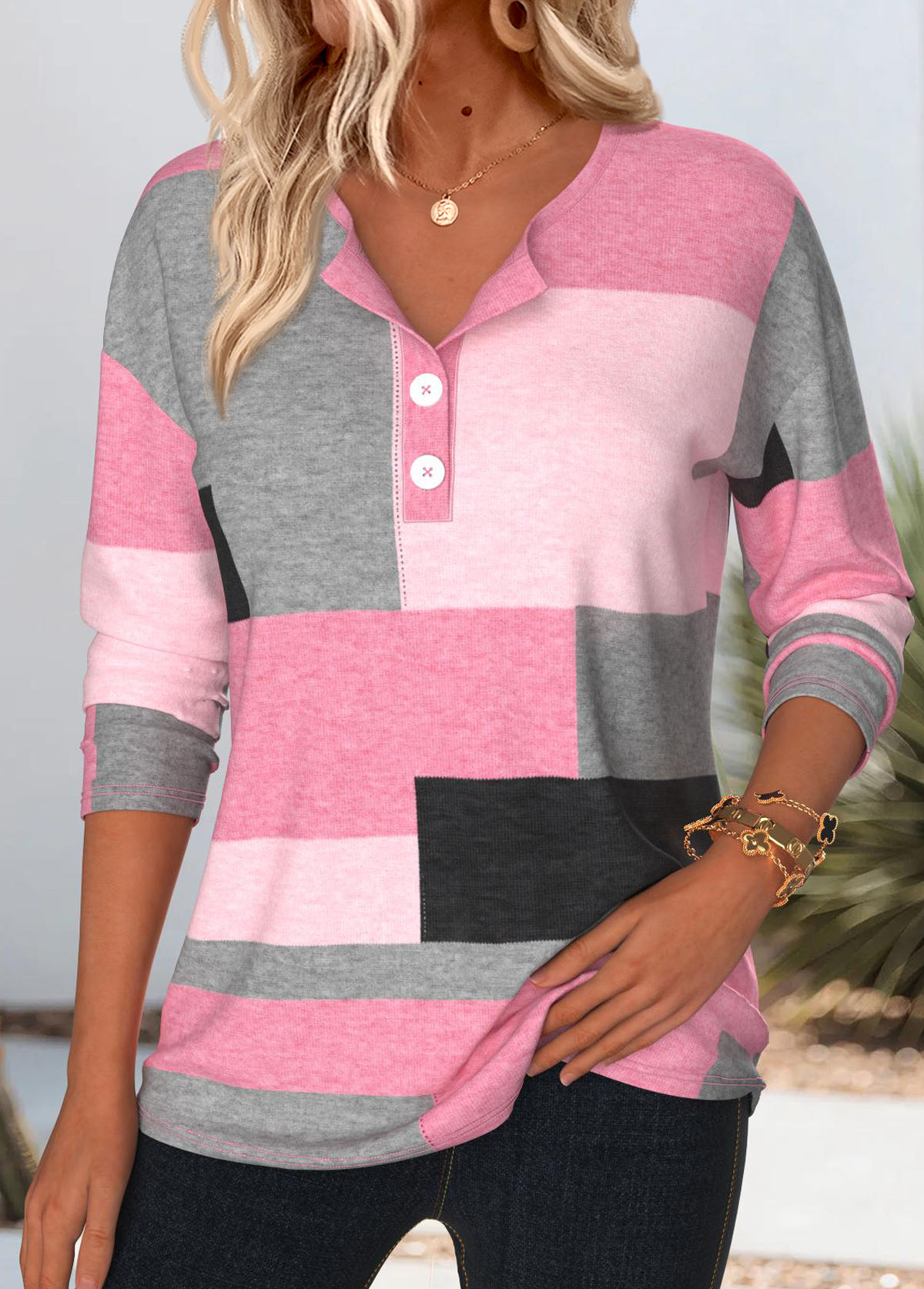 Pink Tummy Coverage Geometric Print Long Sleeve T Shirt | picture 