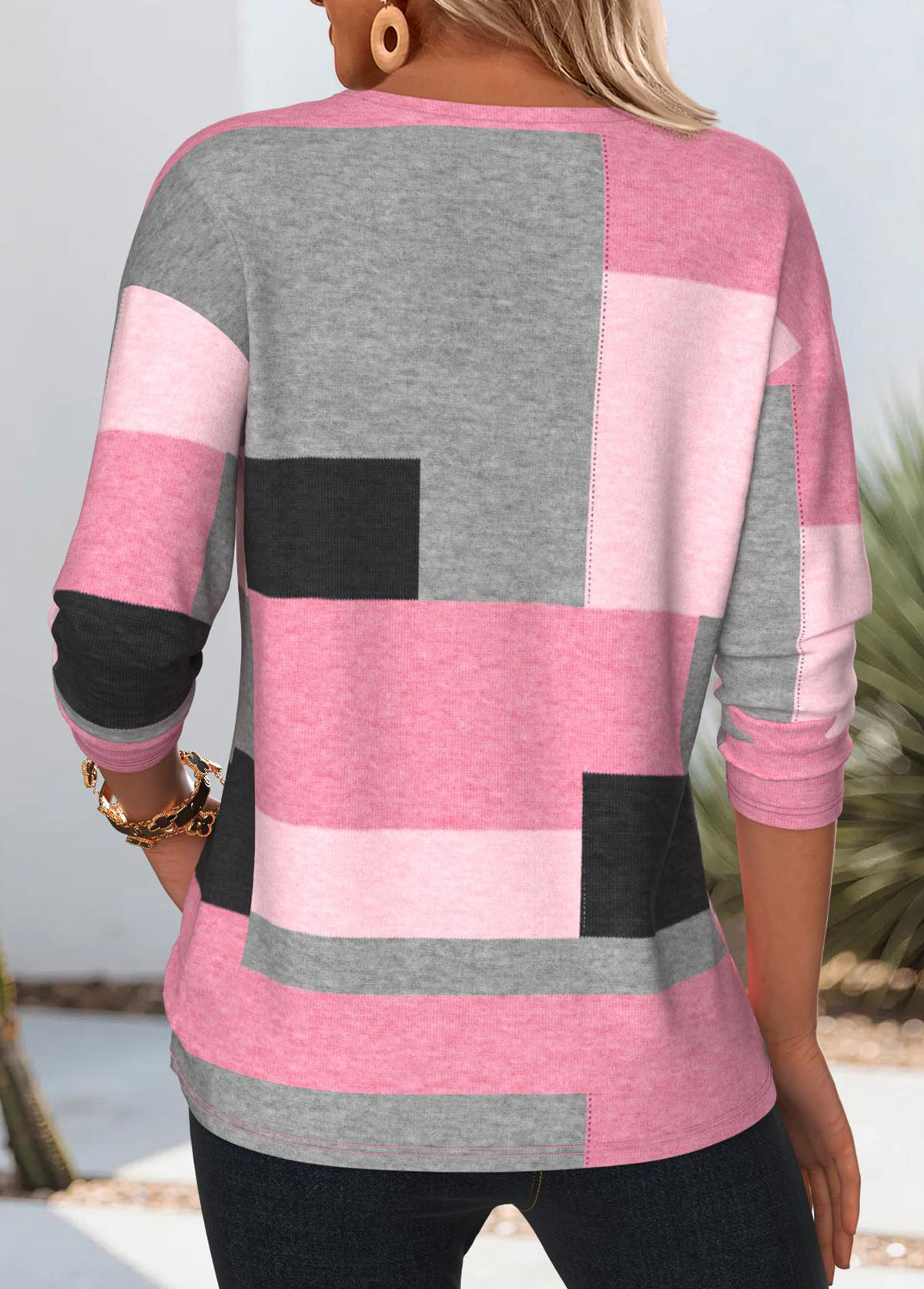Pink Tummy Coverage Geometric Print Long Sleeve T Shirt | picture 