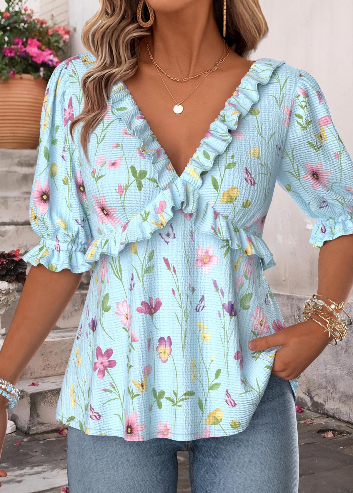 Light Blue Ruffle Floral Print Half Sleeve Blouse | picture 