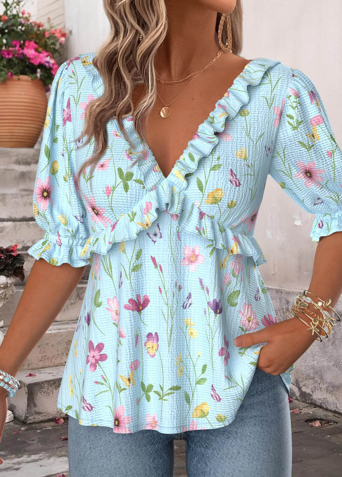Light Blue Ruffle Floral Print Half Sleeve Blouse | picture 